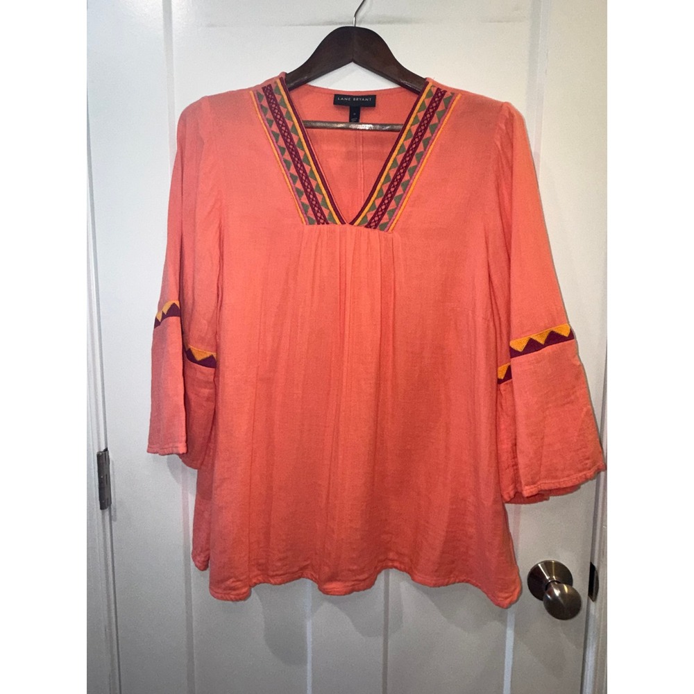 Lane Bryant Coral Orange Embroidered V-Neck Tunic Blouse Plus Size 16 Cotton